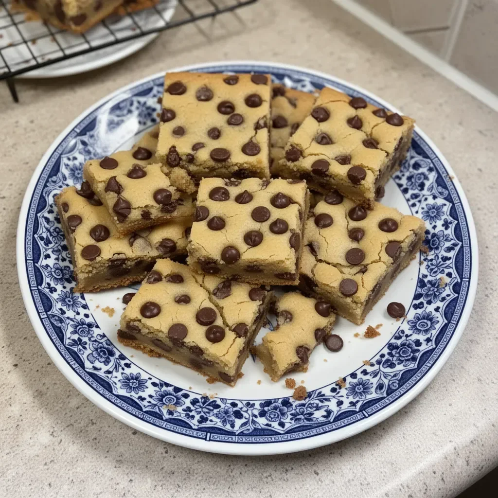 Delicious melt-in-your-mouth chocolate chip cookie bars on a plate