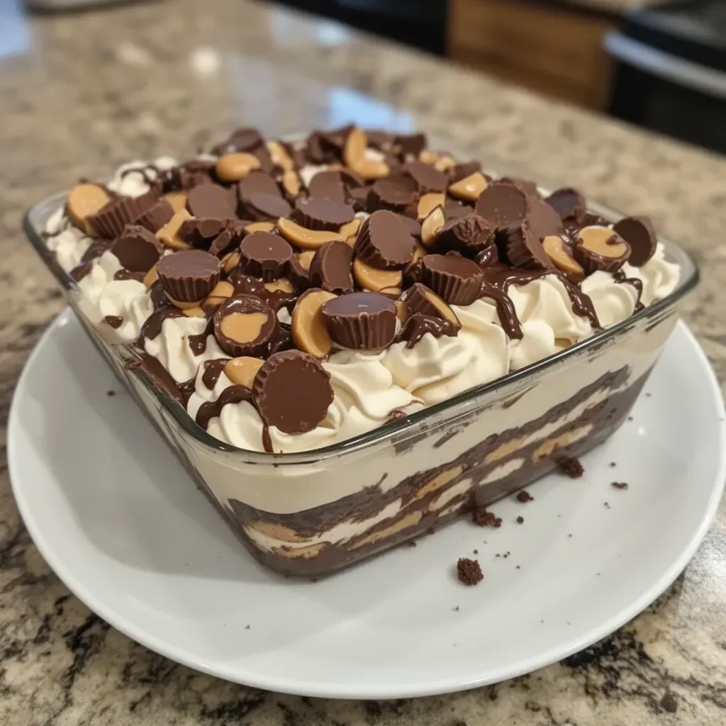 Delicious no-bake peanut butter chocolate mousse dessert in a serving dish