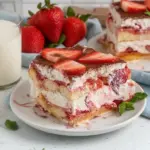 Delicious no-bake strawberry tiramisu dessert with layers of mascarpone and strawberries