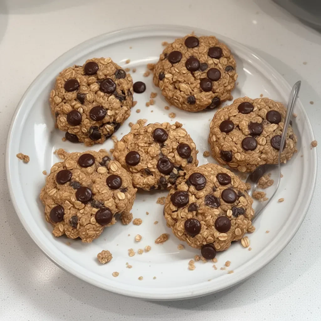Oatmeal protein cookies stacked on a plate, showcasing their chewy texture.