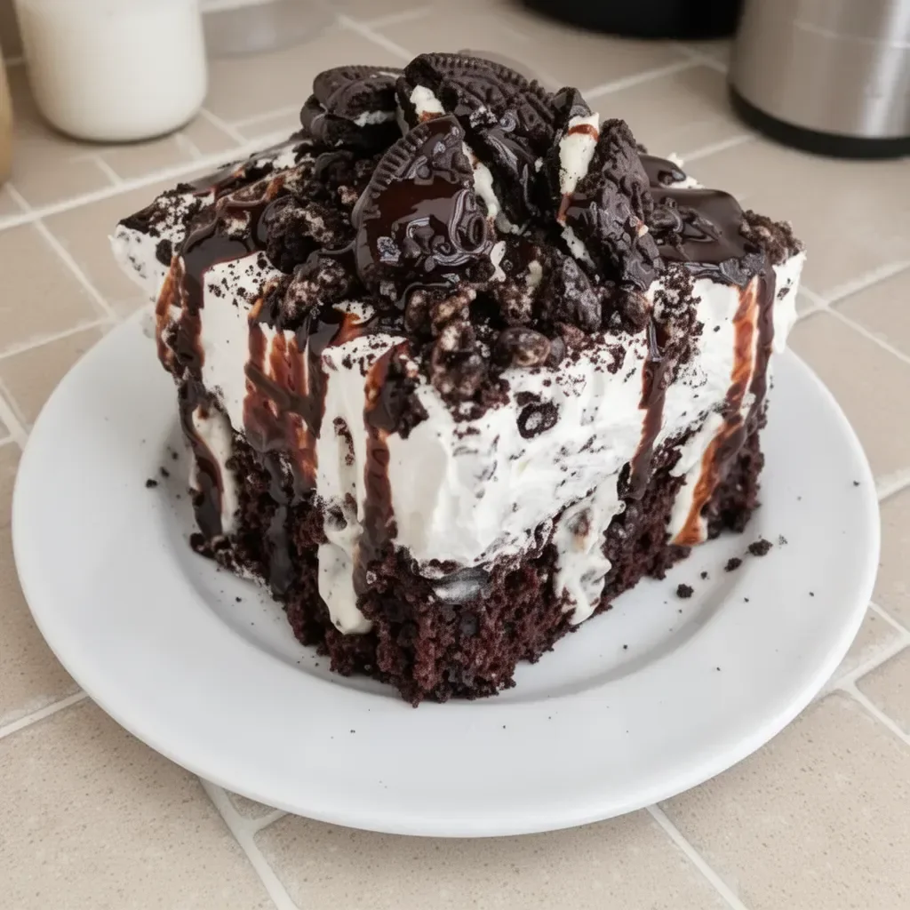 Delicious Oreo Poke Cake with chocolate and cream layer