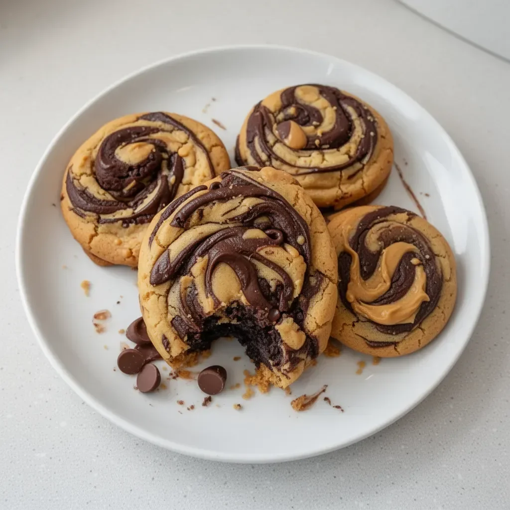 Delicious peanut butter brownie swirl cookies on a plate, topped with chocolate drizzle.