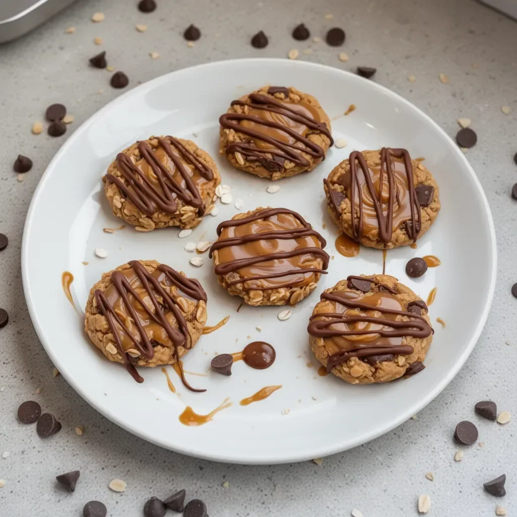 Peanut butter chocolate caramel cookies stacked on a plate