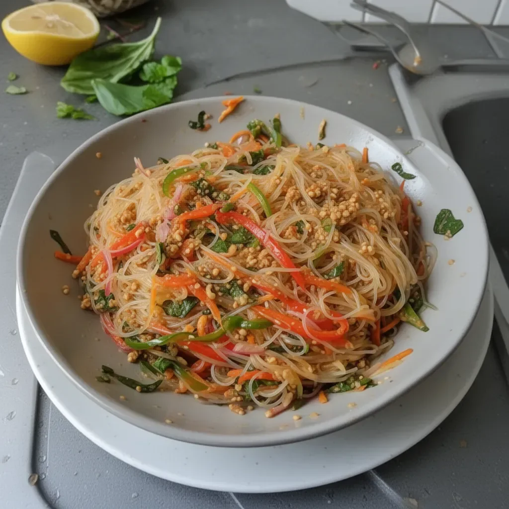 Peanut Miso Vermicelli Salad with colorful vegetables in a bowl