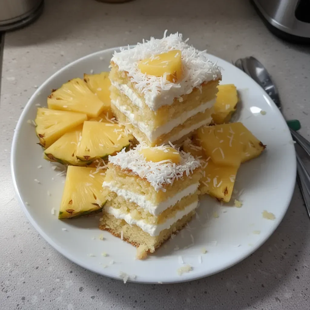A slice of Pineapple Coconut Dream Cake topped with coconut flakes and pineapple slice.