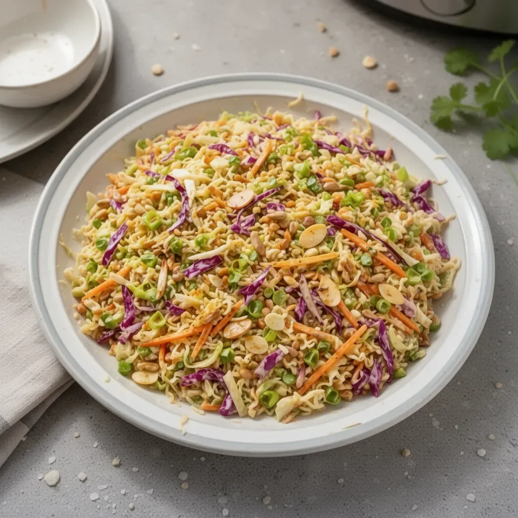 Delicious Pioneer Woman ramen noodle salad served in a bowl.
