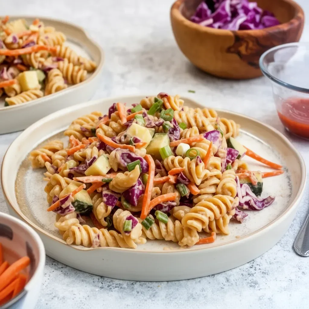 Colorful Protein Packed Thai Pasta Salad with fresh vegetables and herbs