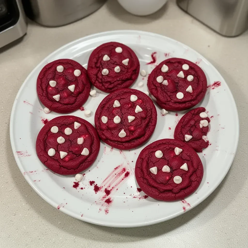 Delicious red velvet cookies with cream cheese frosting on a plate