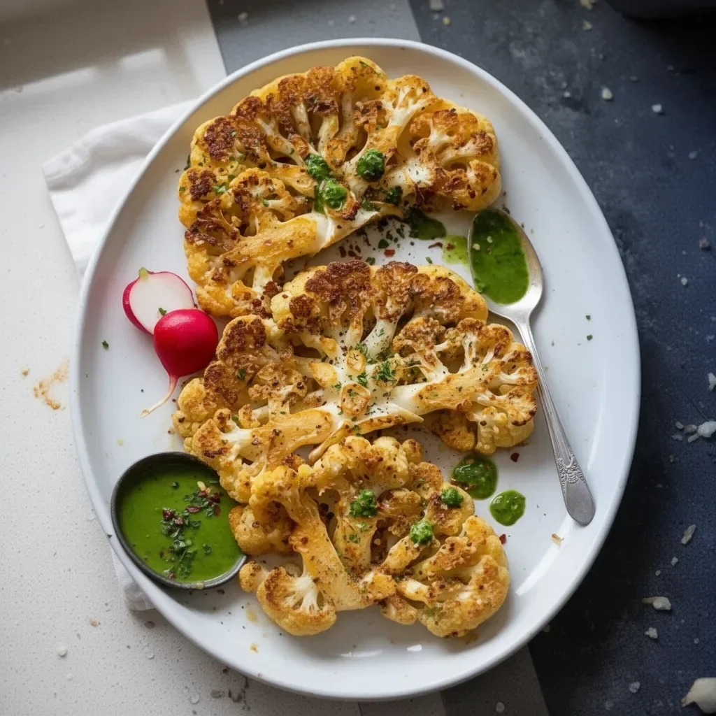 Roasted cauliflower steaks served with herbs and spices on a plate.