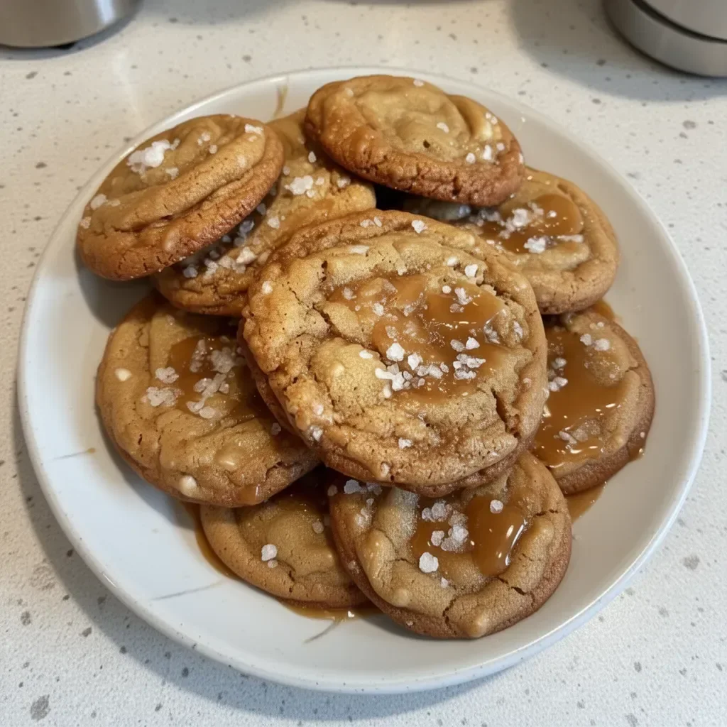 Delicious salted caramel cookie on a rustic wooden table