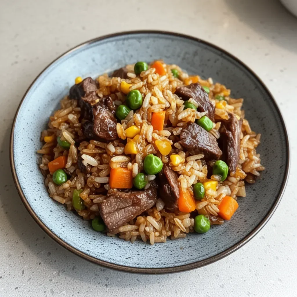 Plate of savory venison fried rice garnished with green onions