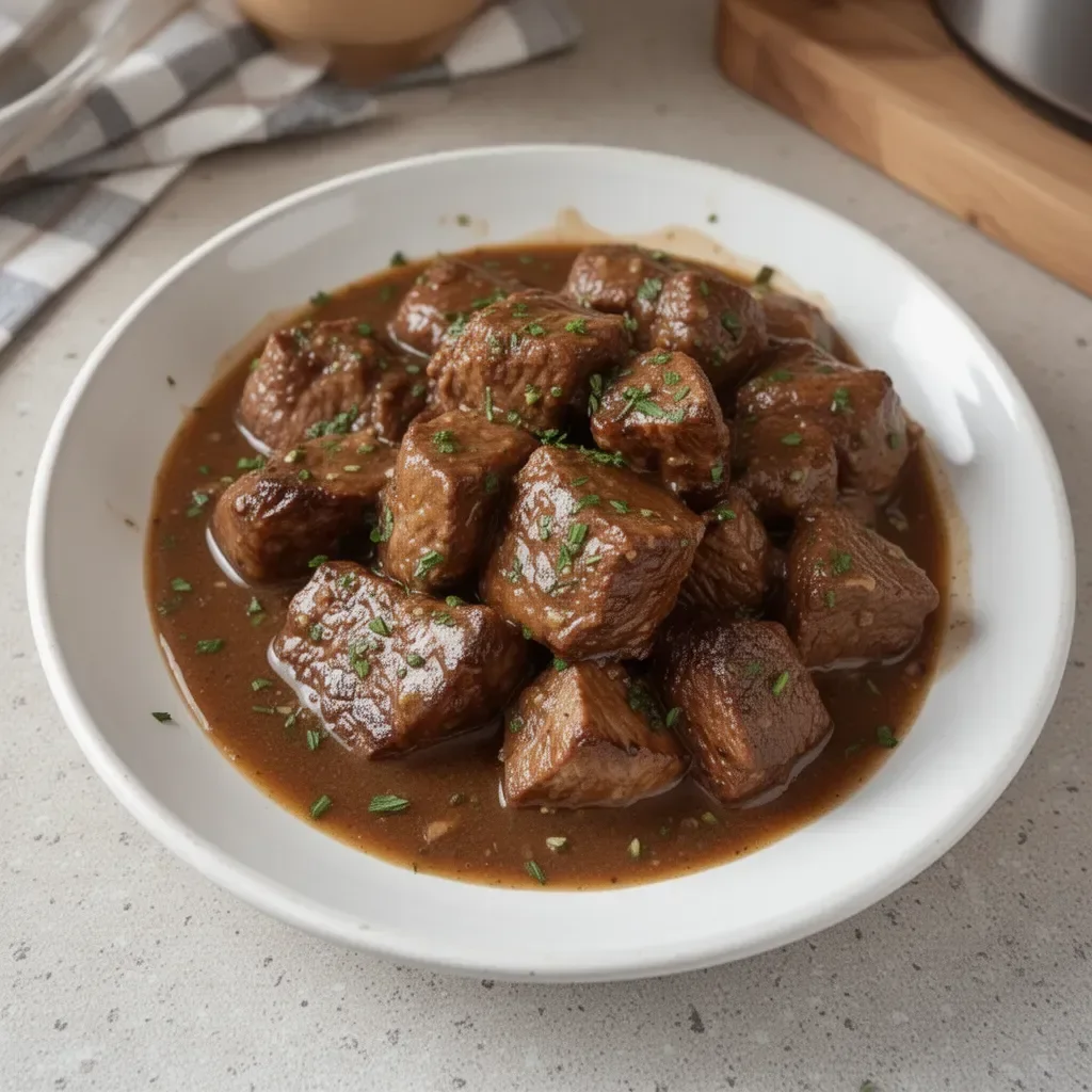 Slow cooker beef tips and gravy dish served in a bowl