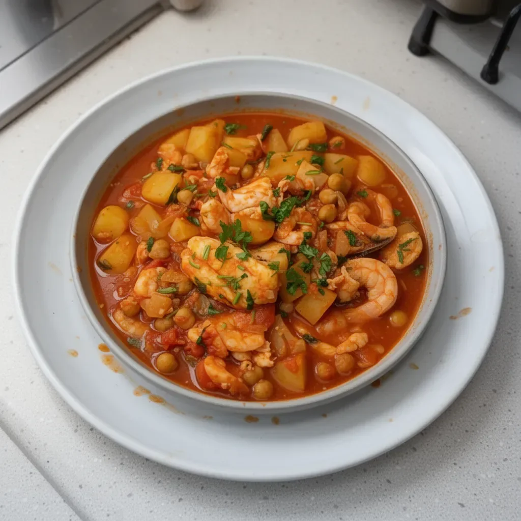 Bowl of Spanish Fish Stew with fresh ingredients and herbs