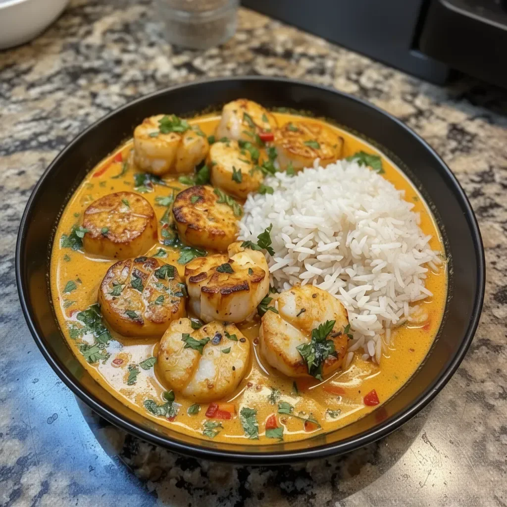 Delicious spicy coconut curry scallops served with vibrant garnishes.