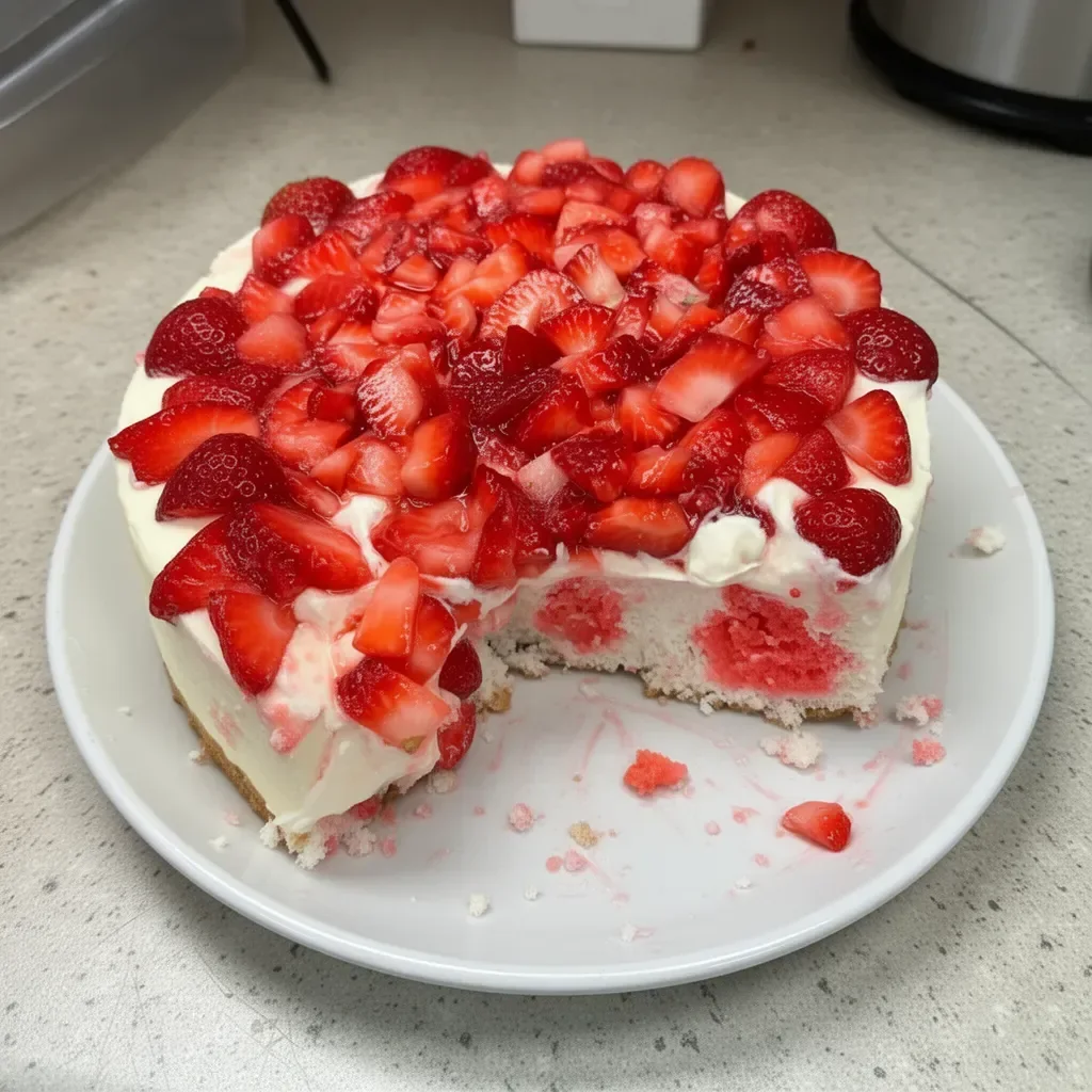 Strawberry Cheesecake Poke Cake topped with fresh strawberries and cream