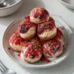 Strawberry cheesecake protein balls topped with fresh strawberries.