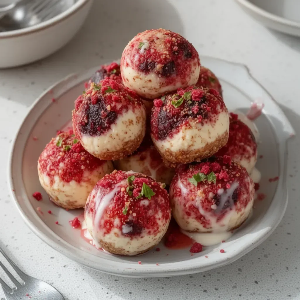 Strawberry cheesecake protein balls topped with fresh strawberries.