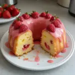 Strawberry Pineapple Pound Cake topped with fresh strawberries and pineapple slices.
