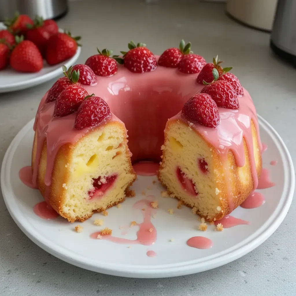 Strawberry Pineapple Pound Cake topped with fresh strawberries and pineapple slices.