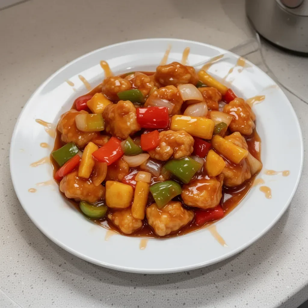 Delicious Sweet and Sour Chicken served with colorful vegetables