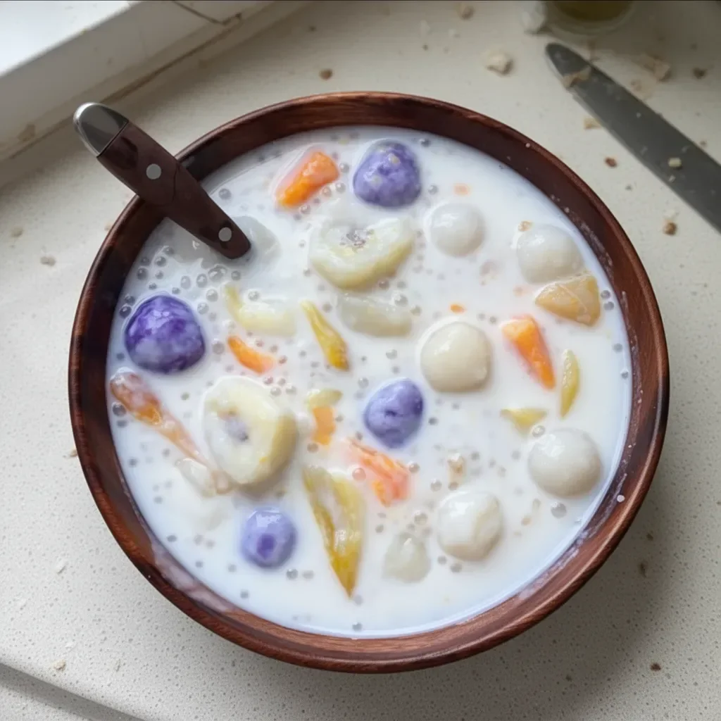 Sweet rice balls served in creamy coconut milk bowl