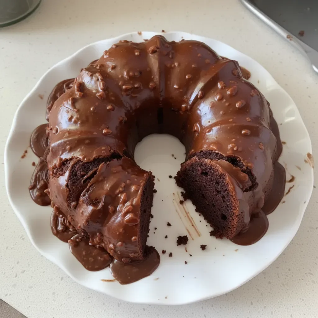 Texas Sheet Cake Bundt Cake with chocolate frosting and nuts
