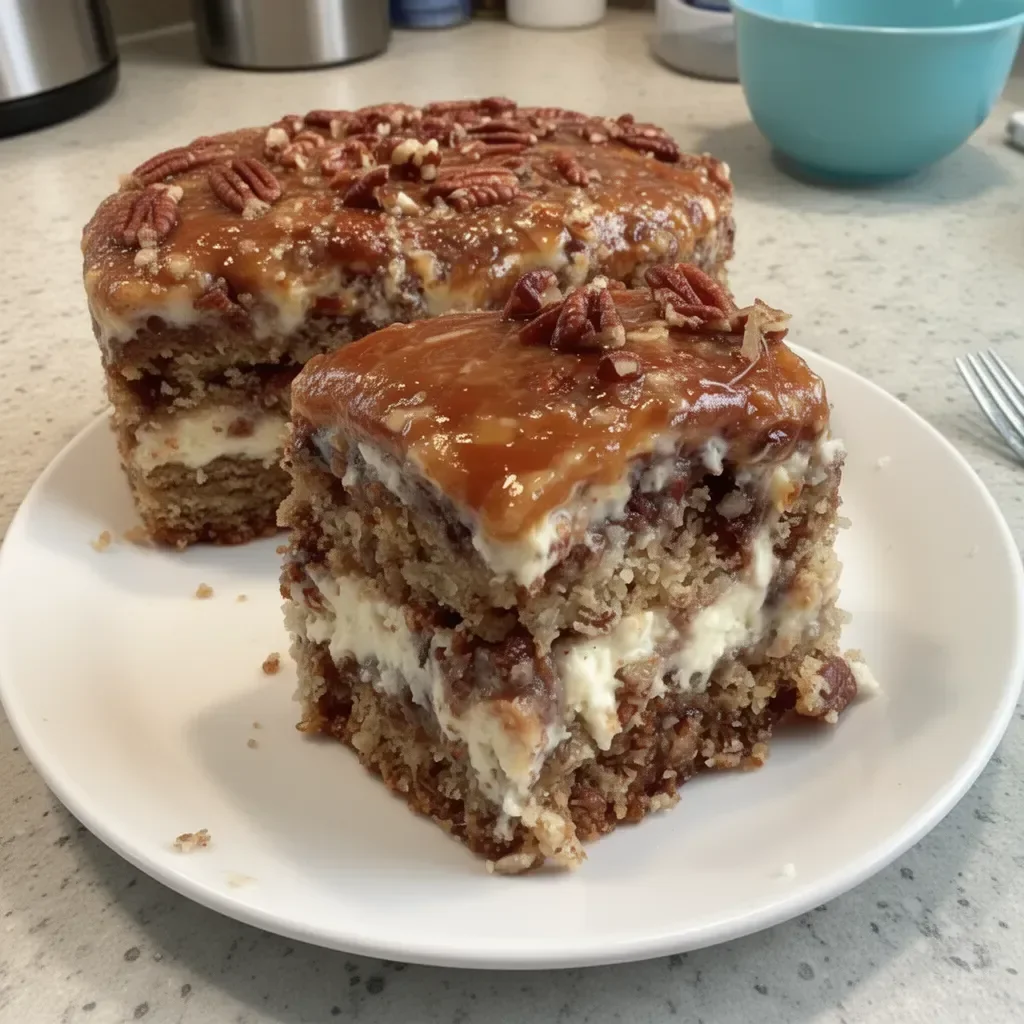 Slice of Texas Tornado Cake topped with frosting and pecans