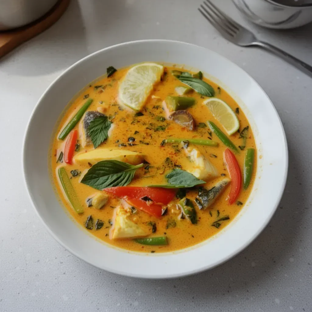 Delicious Thai Fish Curry with Coconut Milk served in a bowl