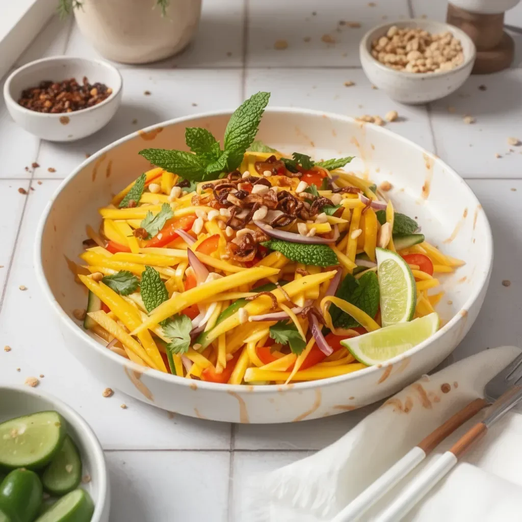 Delicious Thai Mango Salad with ripe mango, herbs, and spices