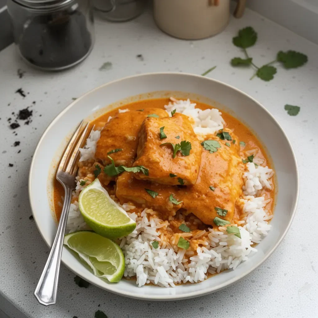 A bowl of Thai Tilapia Curry with vibrant vegetables and spices.