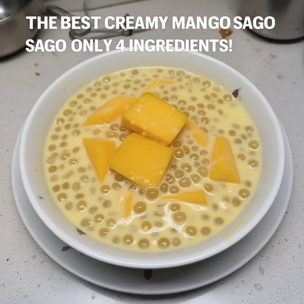 Bowl of Creamy Mango Sago dessert topped with mango slices and sago pearls.