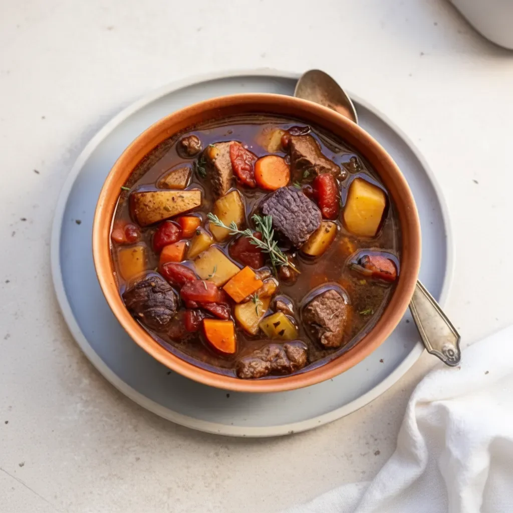 Delicious bowl of venison stew with vegetables and herbs