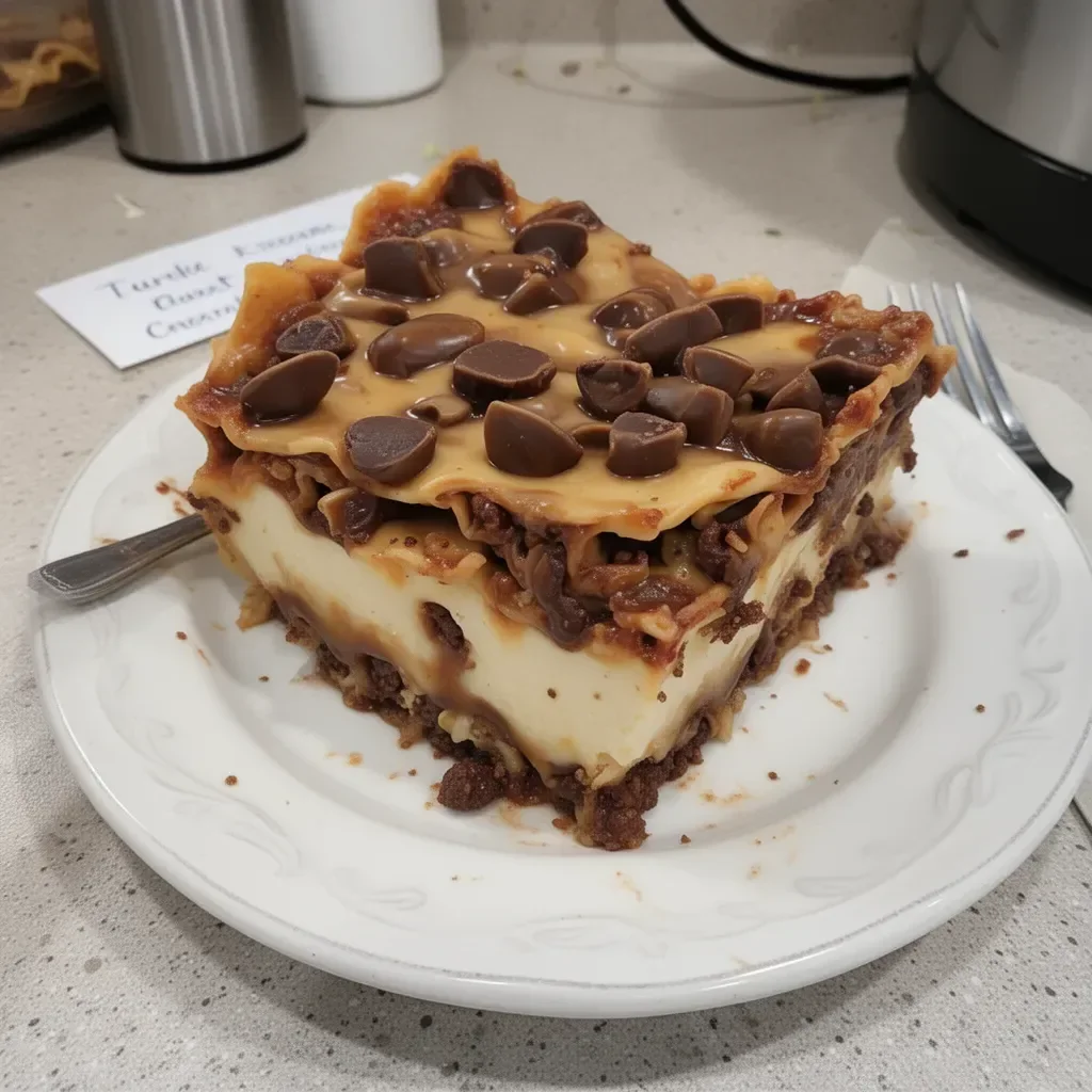 Turtle Lasagna Dessert with layers of chocolate, caramel, and pecans