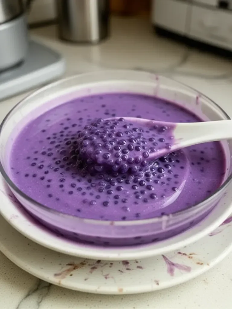 Ube Sago translates to "Purple Yam Sago" in English.