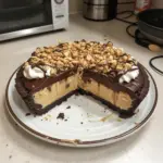 Deliciously crafted peanut butter pie topped with whipped cream and chocolate drizzle