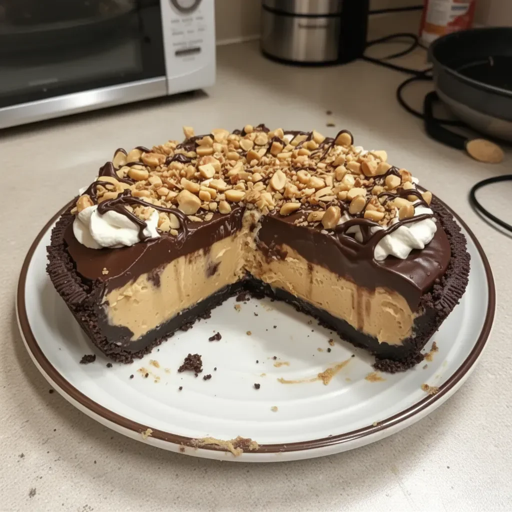 Deliciously crafted peanut butter pie topped with whipped cream and chocolate drizzle