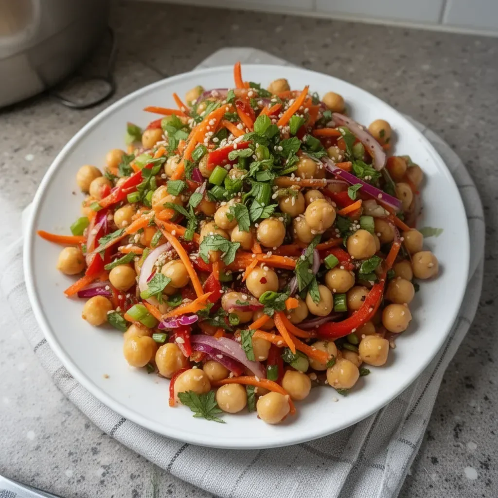 A delicious bowl of Vibrant Chickpea Salad with fresh vegetables and herbs.
