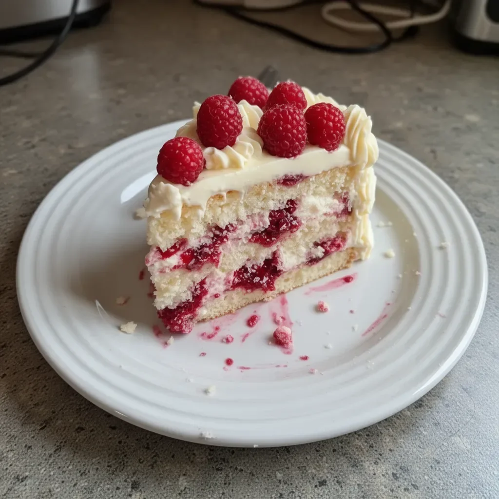 A delicious slice of White Chocolate Raspberry Dream Cake with fresh raspberries.