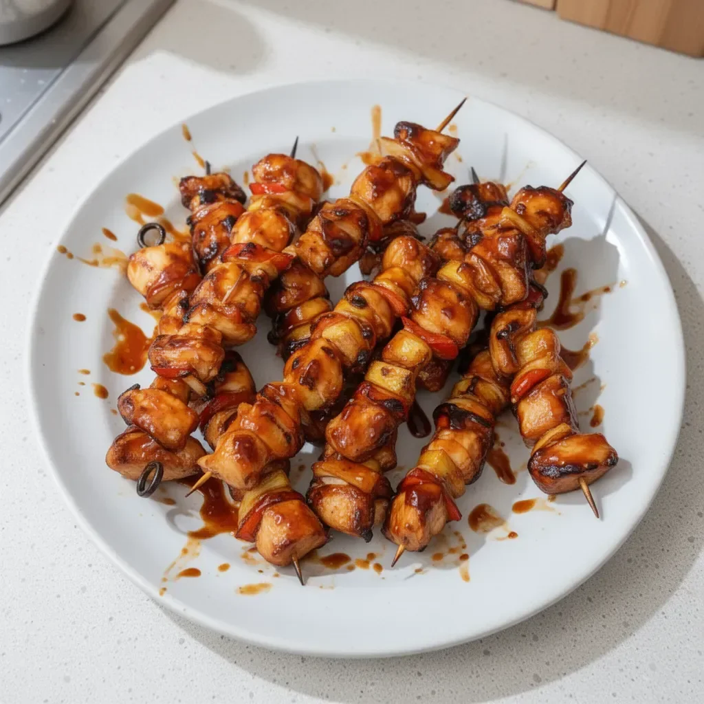 Grilled BBQ-Teriyaki Chicken Kabobs with colorful bell peppers and onions