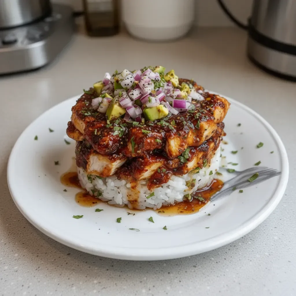 Honey Lime Chicken Stack garnished with lime slices on a plate
