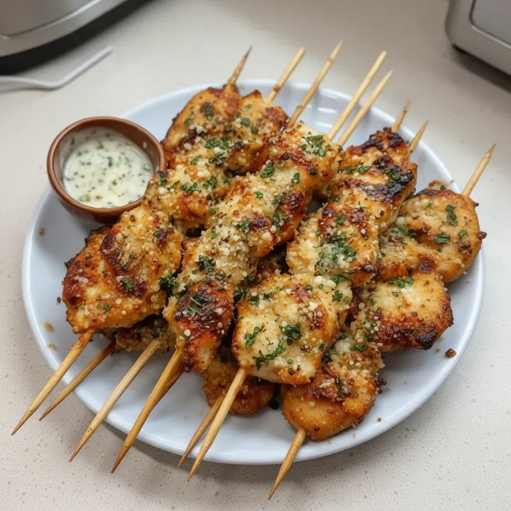 Juicy ranch garlic parmesan chicken skewers served on a platter