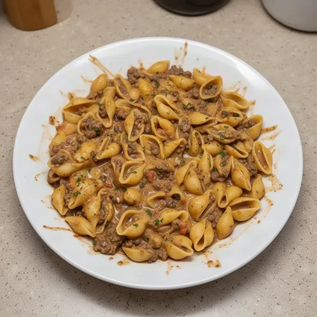 Creamy Beef and Shells dish served with herbs and cheese