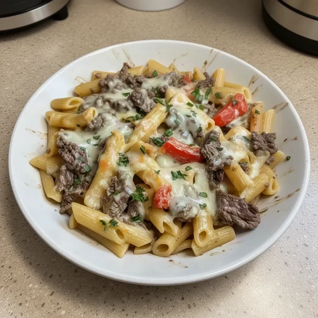 Delicious Philly cheese steak pasta with savory beef, peppers, and creamy cheese sauce.